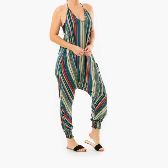 Stripe Harem Jumpsuit Halter Neck Tapered Leg Yoga Travel Boho Green Stripes - Picture 1 of 8